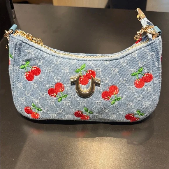 True Religion Light Blue Denim Mini Shoulder Bag with Red Cherry Embroidery - Picture 1 of 2